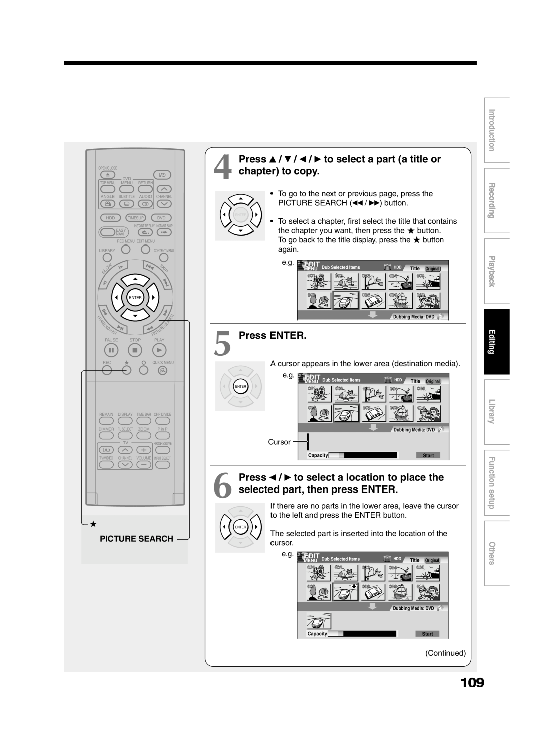 Toshiba RD-XS32SU to select a part a title or, chapter to copy, Press ENTER, to select a location to place the, setup 
