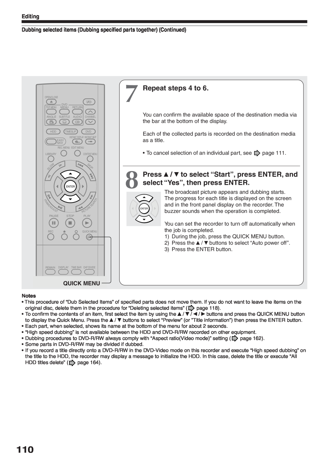 Toshiba RD-XS32SC, RD-XS32SU owner manual Repeat steps 4 to, Editing, Quick Menu 