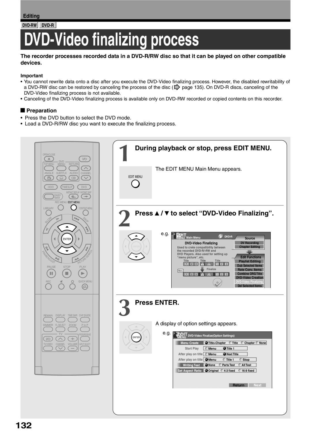 Toshiba RD-XS32SC DVD-Videofinalizing process, Press / to select “DVD-VideoFinalizing”, Press ENTER, Editing, Preparation 