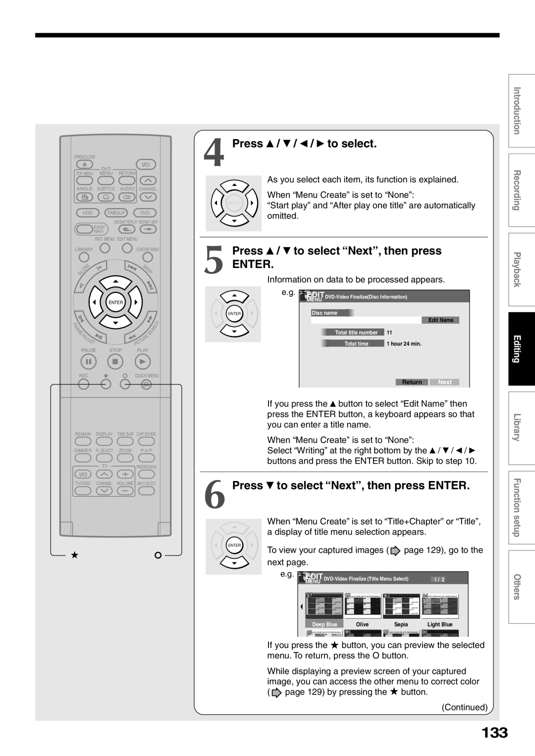 Toshiba RD-XS32SU Press / / / to select, Press / to select “Next”, then press ENTER, Introduction RecordingPlayback 
