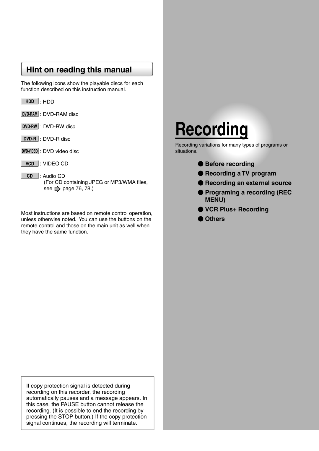 Toshiba RD-XS32SU Hint on reading this manual, Before recording Recording a TV program, Recording an external source 