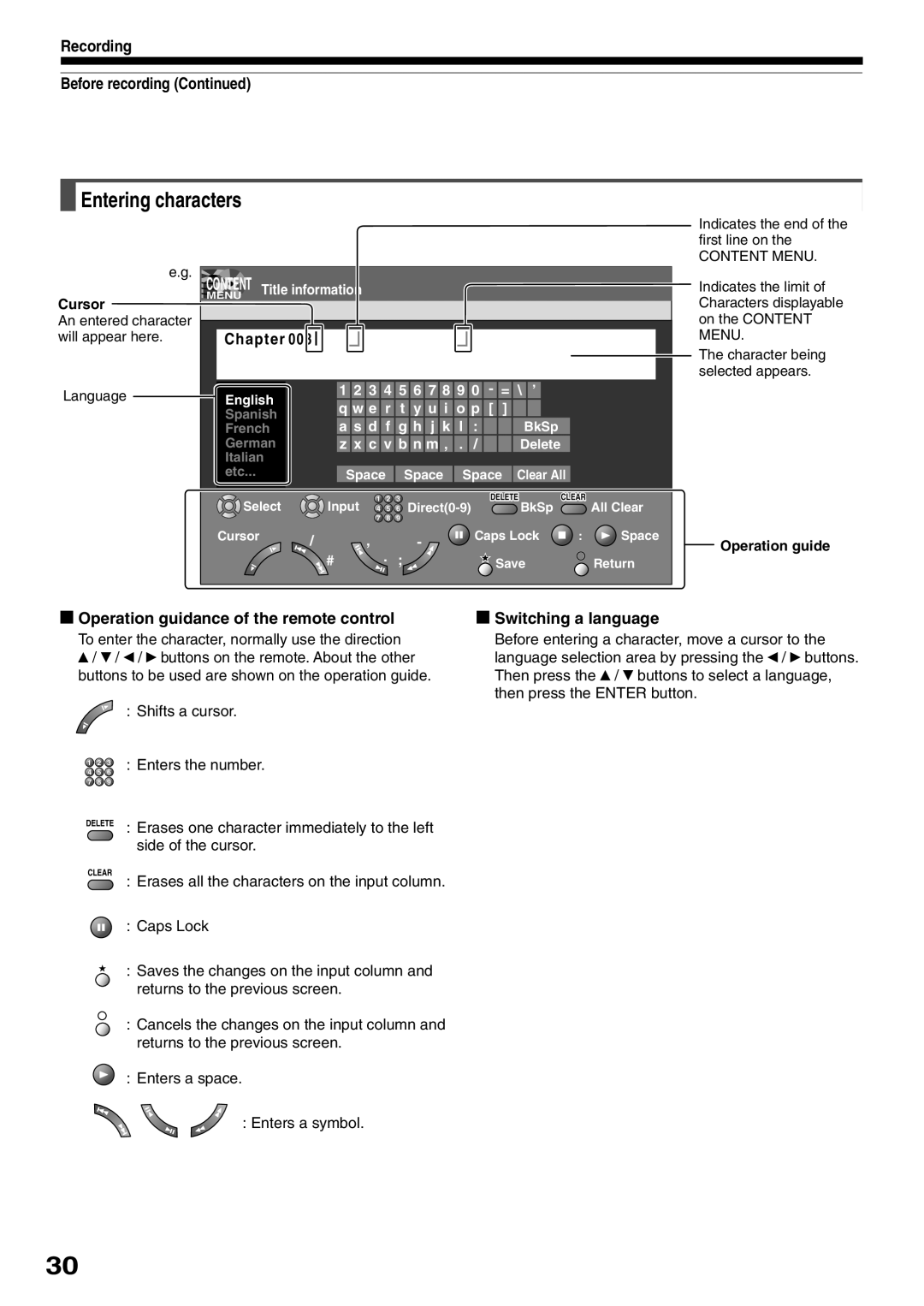 Toshiba RD-XS32SC, RD-XS32SU Entering characters, Operation guidance of the remote control, Switching a language 