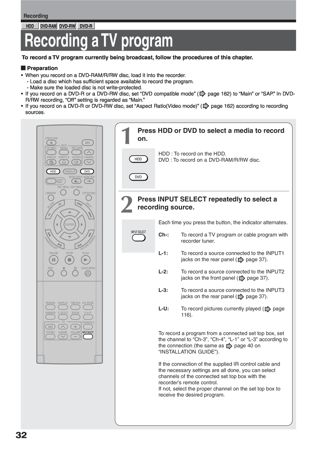 Toshiba RD-XS32SC, RD-XS32SU Recording a TV program, Press HDD or DVD to select a media to record on, Preparation 