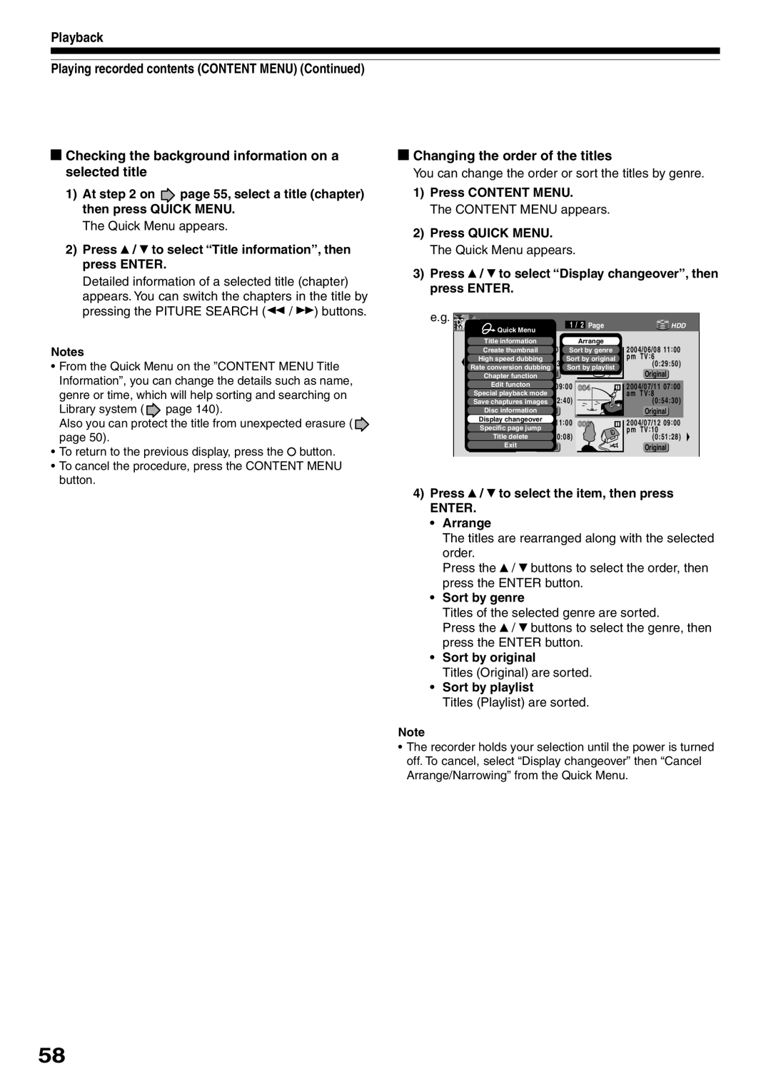 Toshiba RD-XS32SC, RD-XS32SU owner manual Changing the order of the titles, Playback 