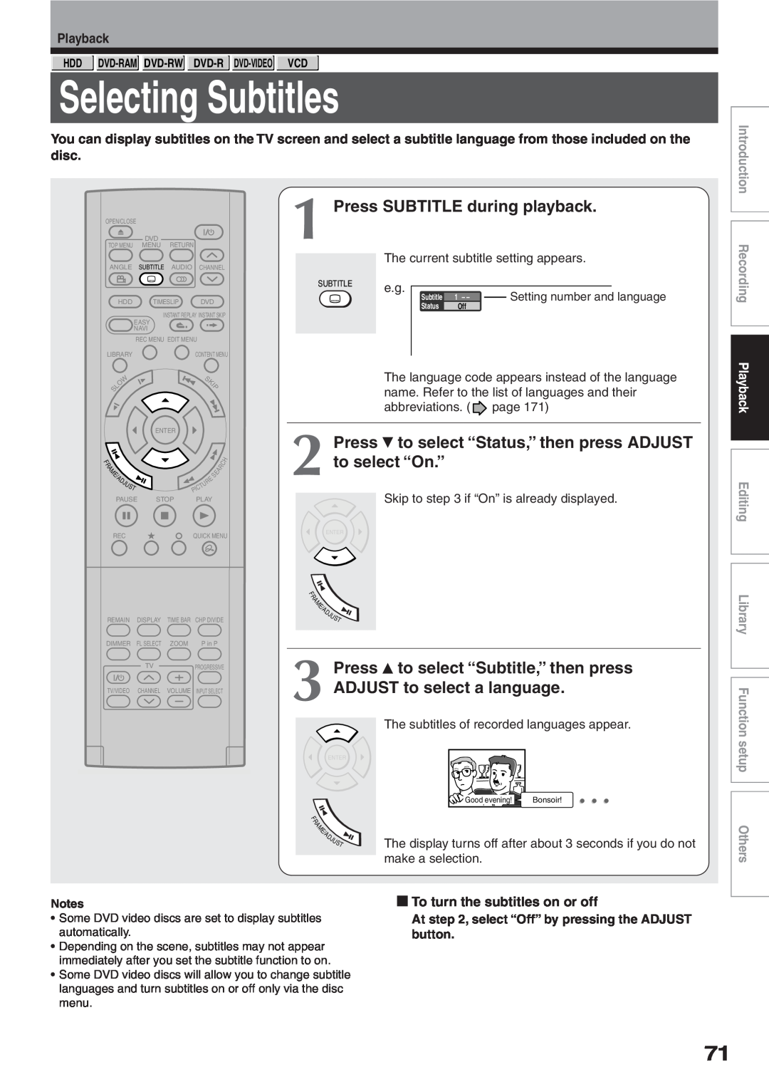 Toshiba RD-XS32SU Selecting Subtitles, Press SUBTITLE during playback, disc, To turn the subtitles on or off, Playback 