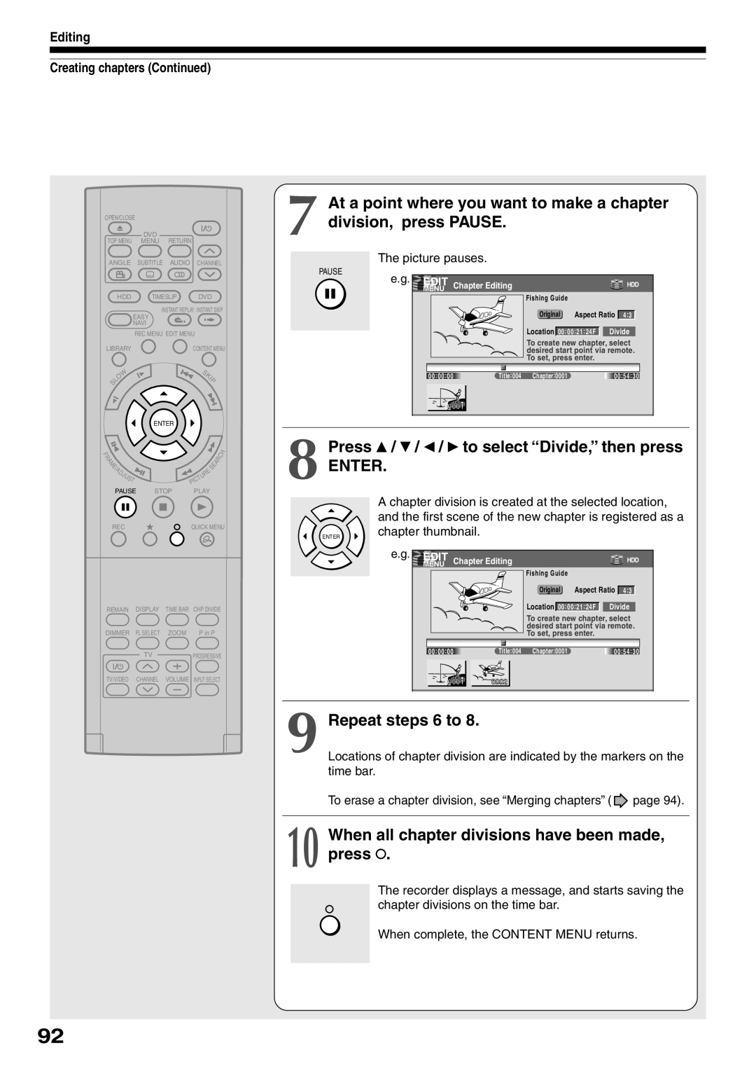 Toshiba RD-XS32SC, RD-XS32SU owner manual Press / / / to select “Divide,” then press, Enter, Repeat steps 6 to 