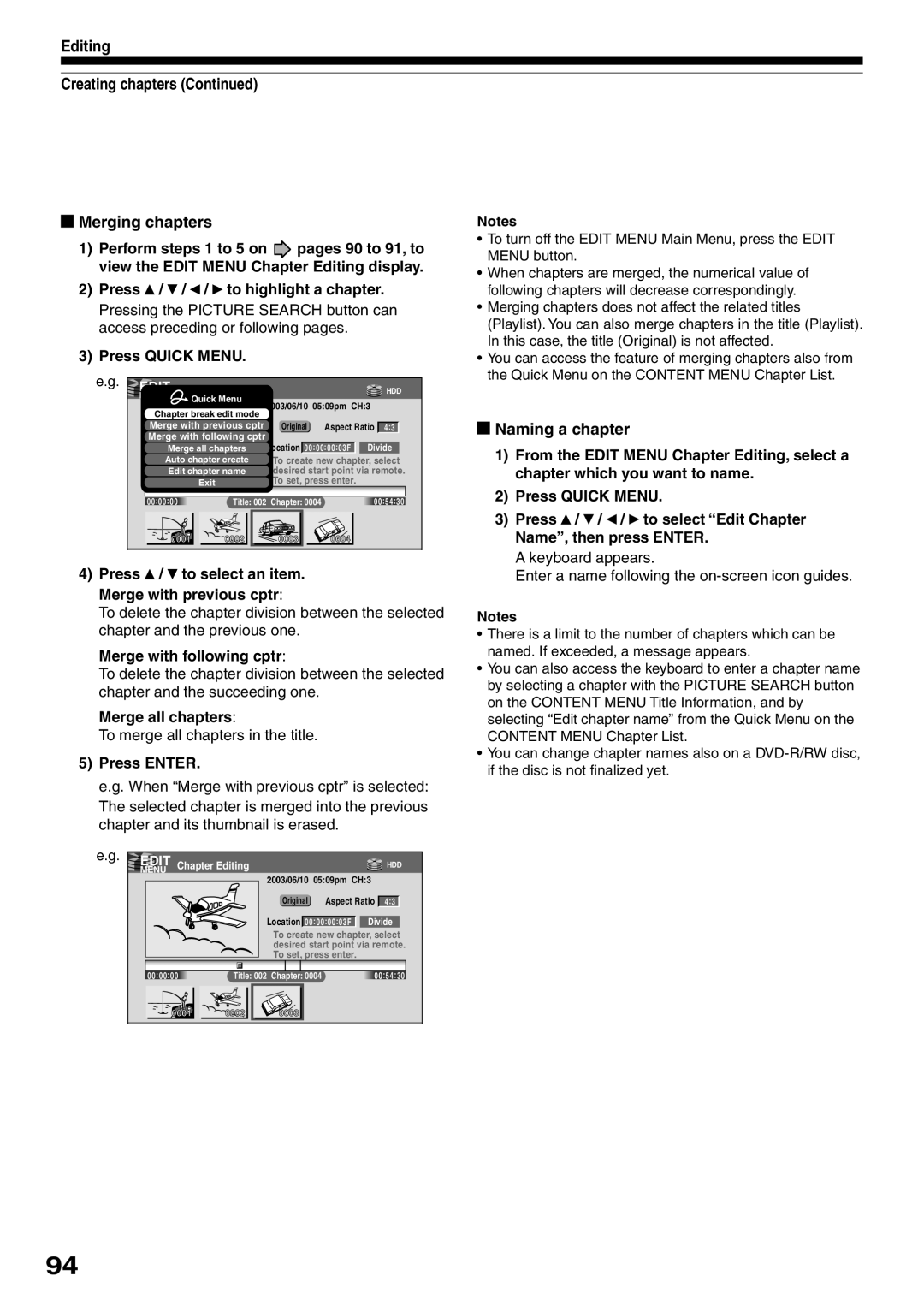 Toshiba RD-XS32SC, RD-XS32SU owner manual Merging chapters, Naming a chapter, Editing Creating chapters Continued 