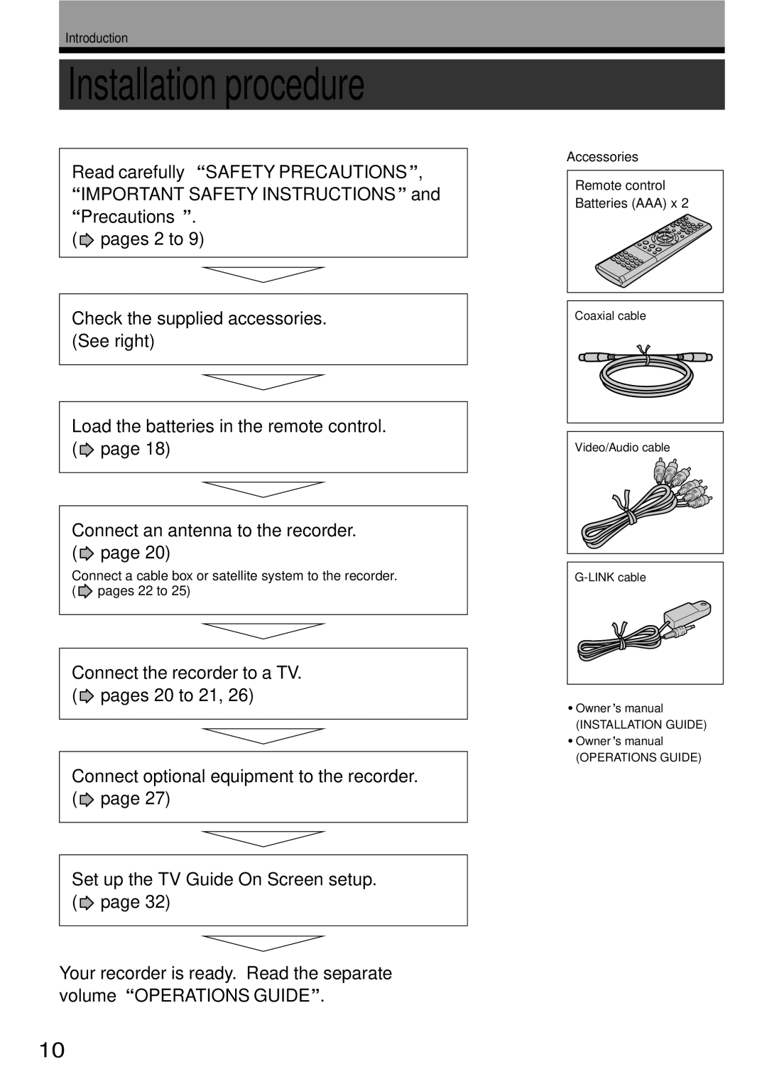 Toshiba RD-XS34SC, RD-XS34SU owner manual Installation procedure, Accessories Remote control Batteries AAA x 