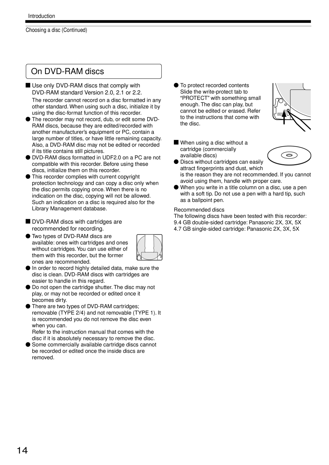 Toshiba RD-XS34SC, RD-XS34SU owner manual On DVD-RAM discs, Introduction Choosing a disc 