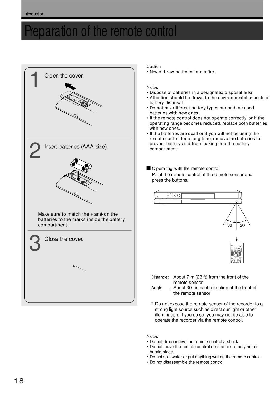 Toshiba RD-XS34SC, RD-XS34SU Preparation of the remote control, Open the cover Insert batteries AAA size, Close the cover 