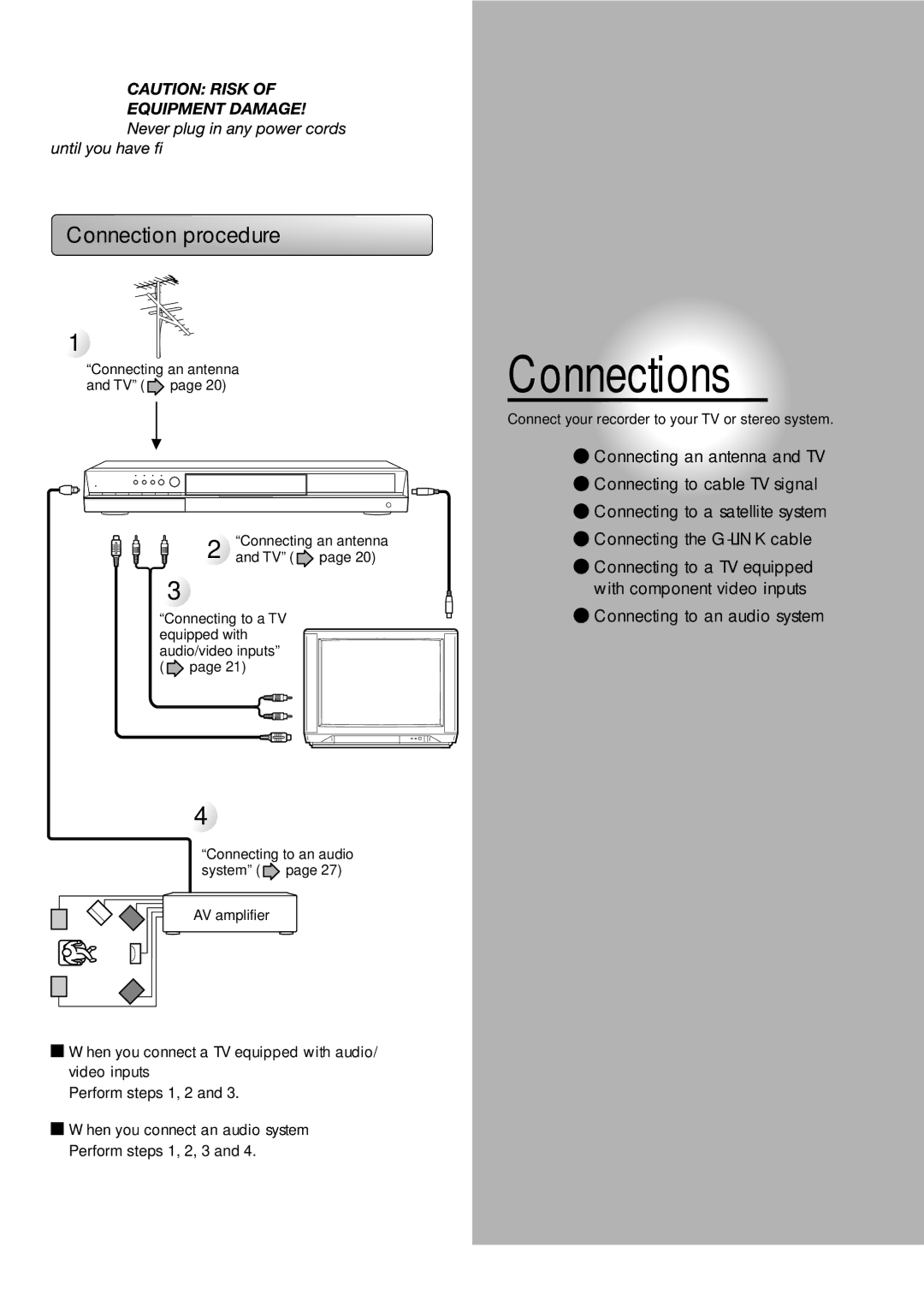 Toshiba RD-XS34SU, RD-XS34SC owner manual Connection procedure, When you connect a TV equipped with audio/ video inputs 