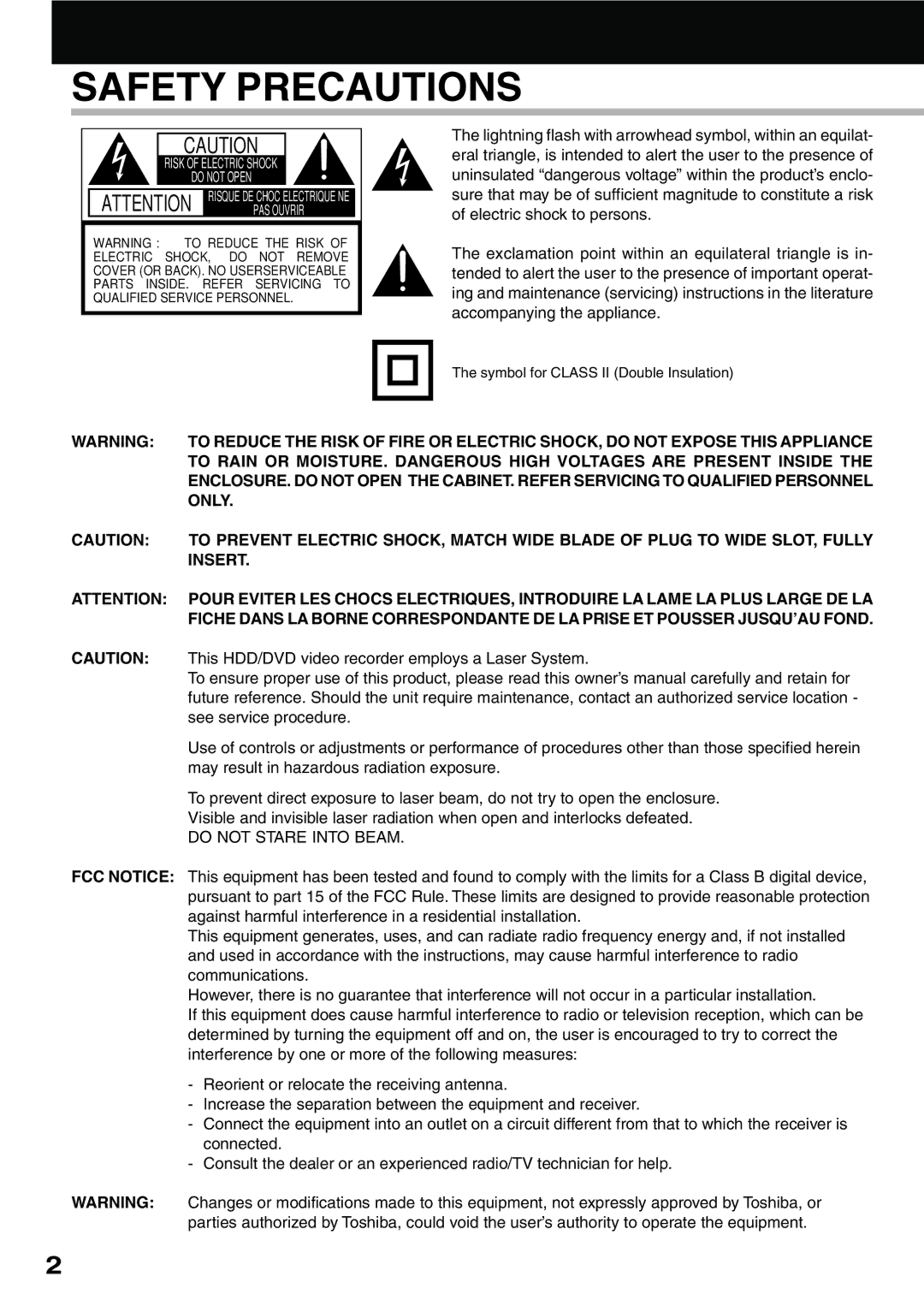 Toshiba RD-XS34SC, RD-XS34SU owner manual This HDD/DVD video recorder employs a Laser System, See service procedure 