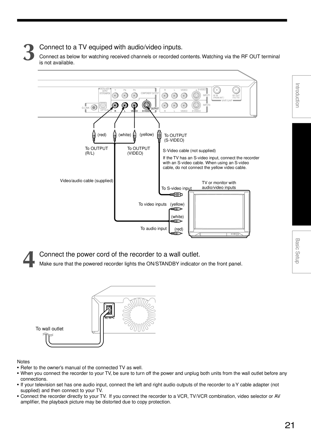 Toshiba RD-XS34SU Connect to a TV equiped with audio/video inputs, Connect the power cord of the recorder to a wall outlet 