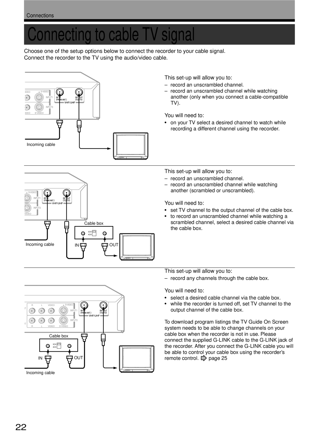 Toshiba RD-XS34SC, RD-XS34SU owner manual Connecting to cable TV signal, You will need to 