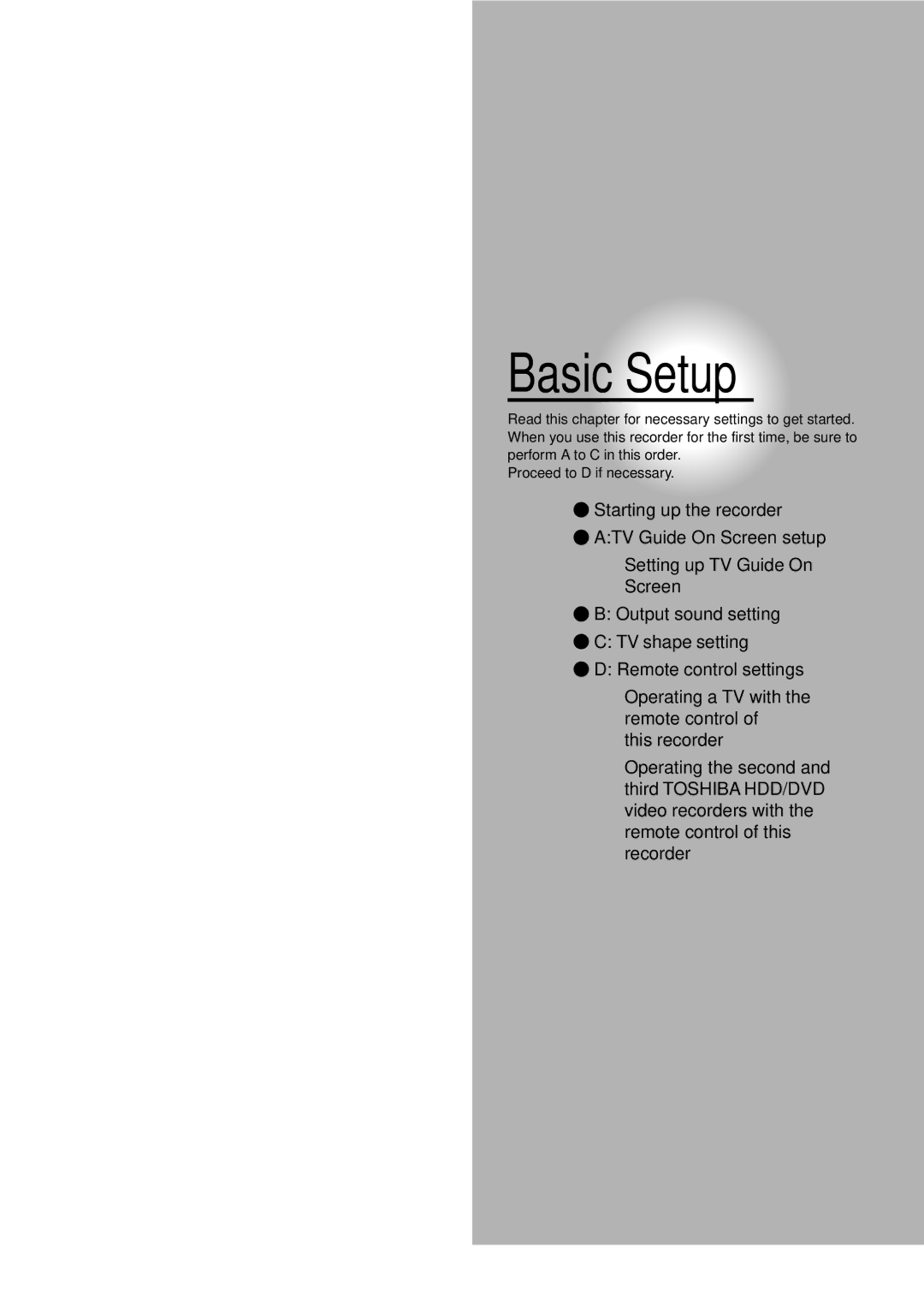 Toshiba RD-XS34SU, RD-XS34SC owner manual Basic Setup 