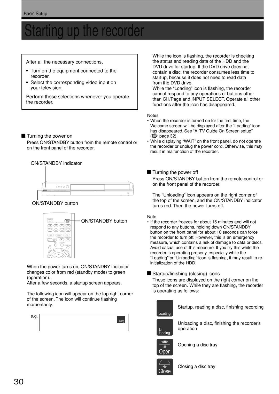 Toshiba RD-XS34SC, RD-XS34SU owner manual Starting up the recorder 