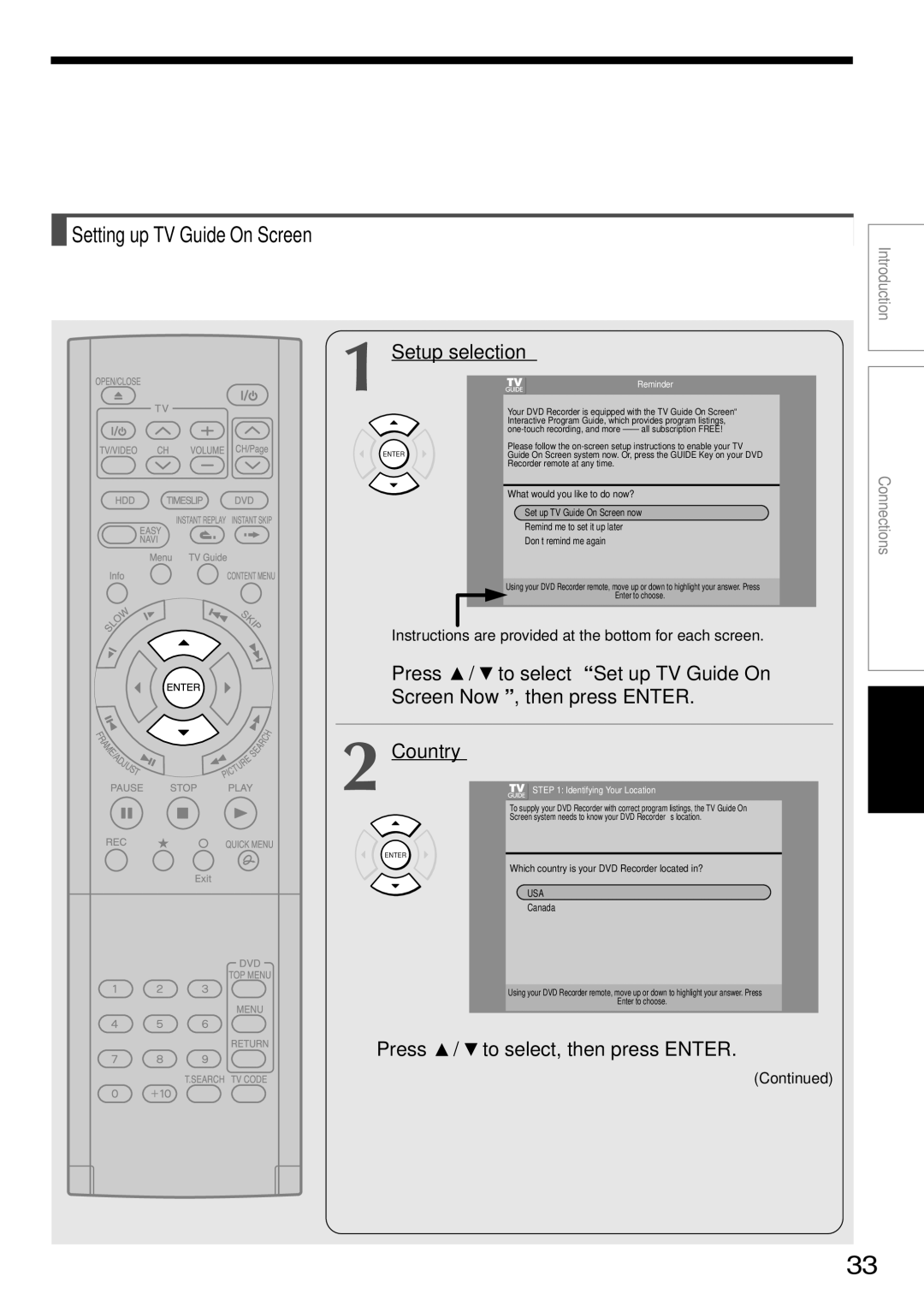 Toshiba RD-XS34SU, RD-XS34SC owner manual Setup selection, Country, Press / to select, then press Enter 