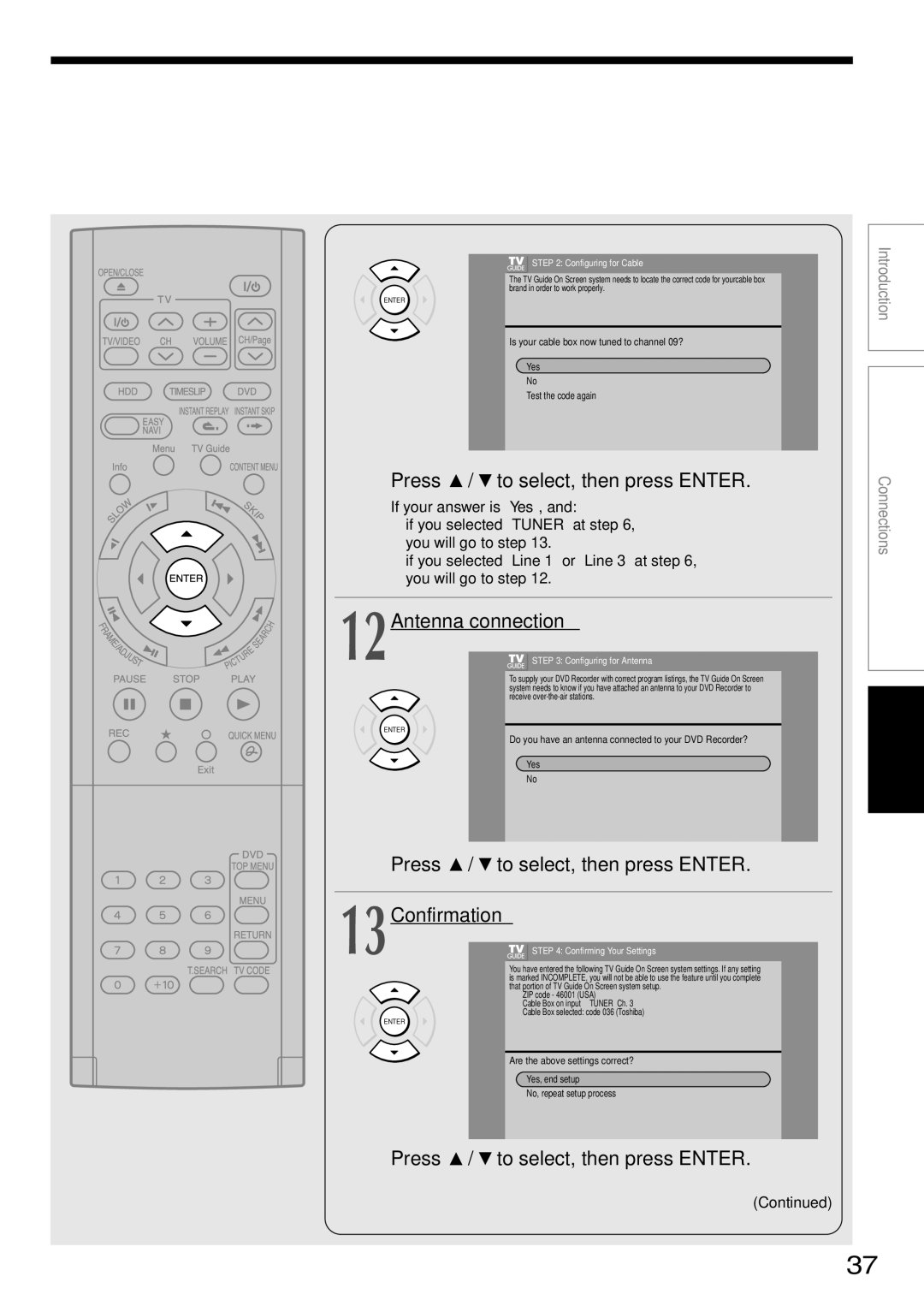 Toshiba RD-XS34SU, RD-XS34SC owner manual 12Antenna connection, Press / to select, then press Enter 13Confirmation 