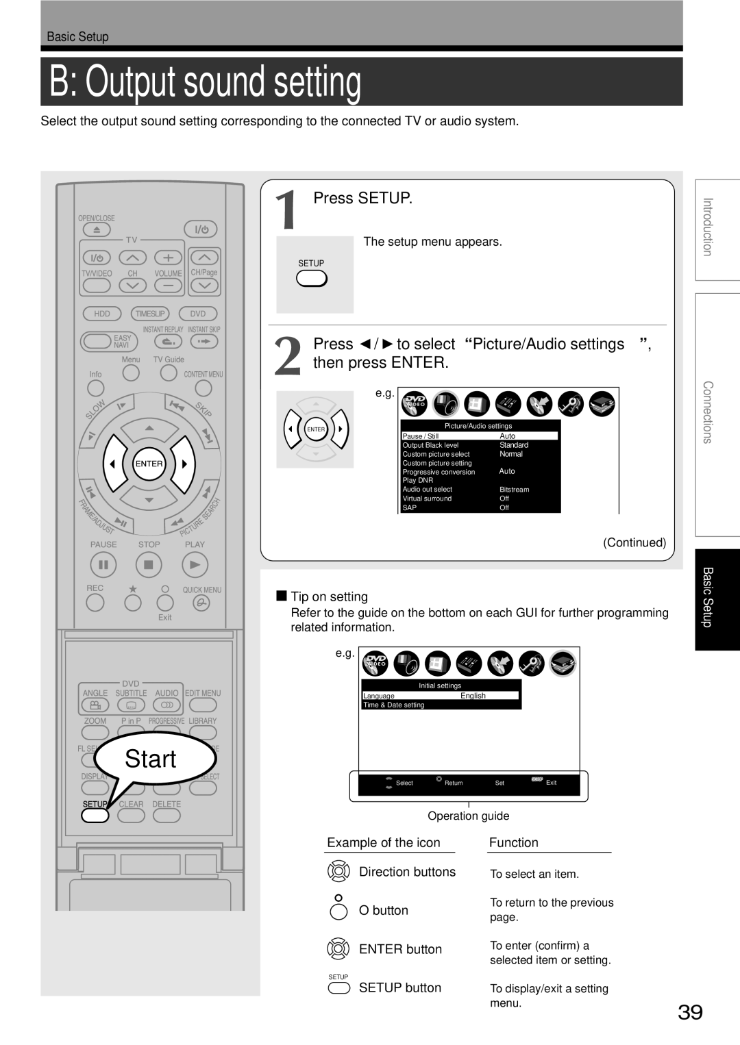 Toshiba RD-XS34SU, RD-XS34SC Output sound setting, Press Setup, Press / to select Picture/Audio settings, then press Enter 