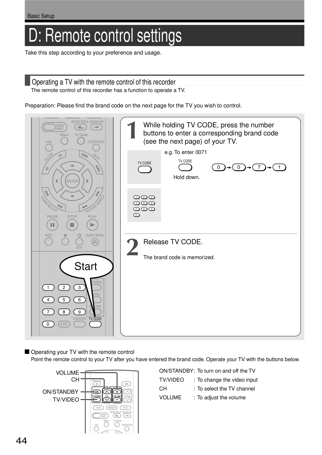 Toshiba RD-XS34SC Remote control settings, Release TV Code, Take this step according to your preference and usage 