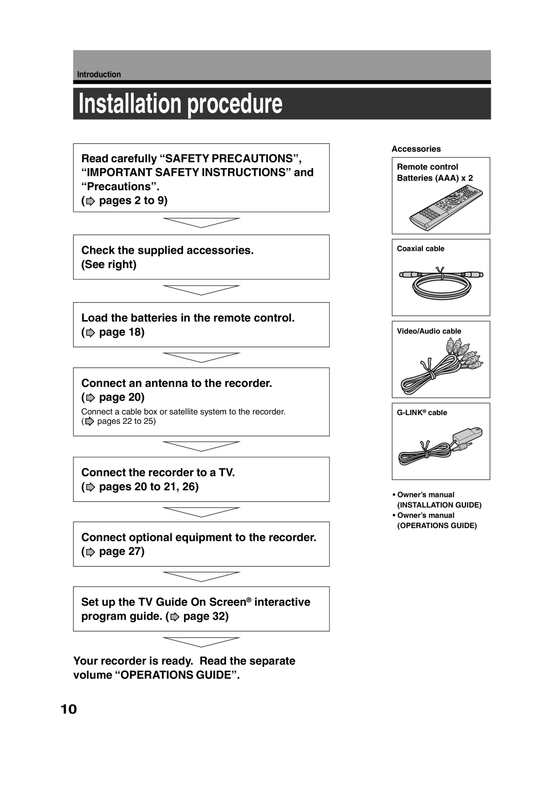 Toshiba RD-XS35SU, RD-XS35SC owner manual Installation procedure, Accessories Remote control Batteries AAA x 