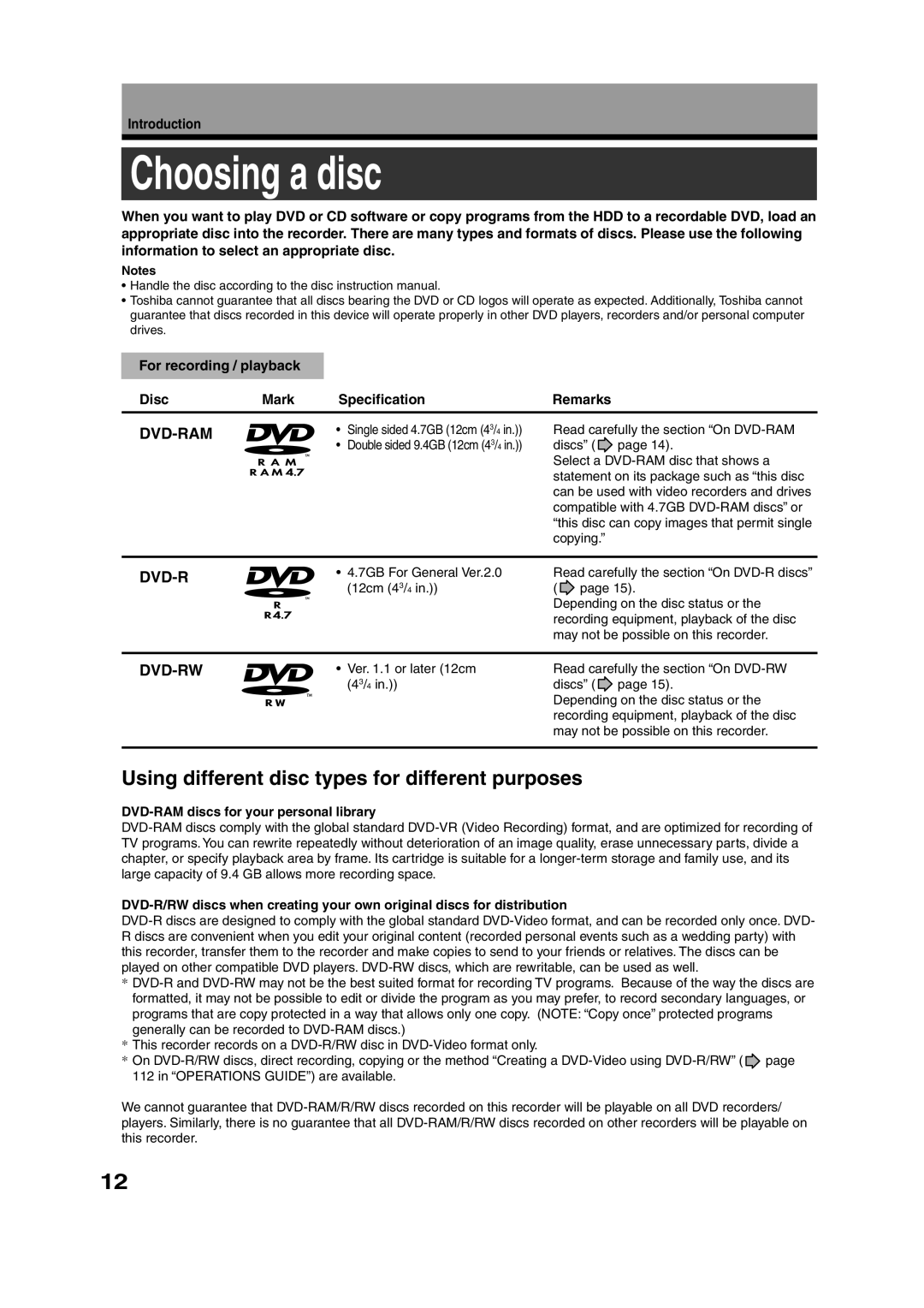 Toshiba RD-XS35SU, RD-XS35SC owner manual Choosing a disc, Using different disc types for different purposes 