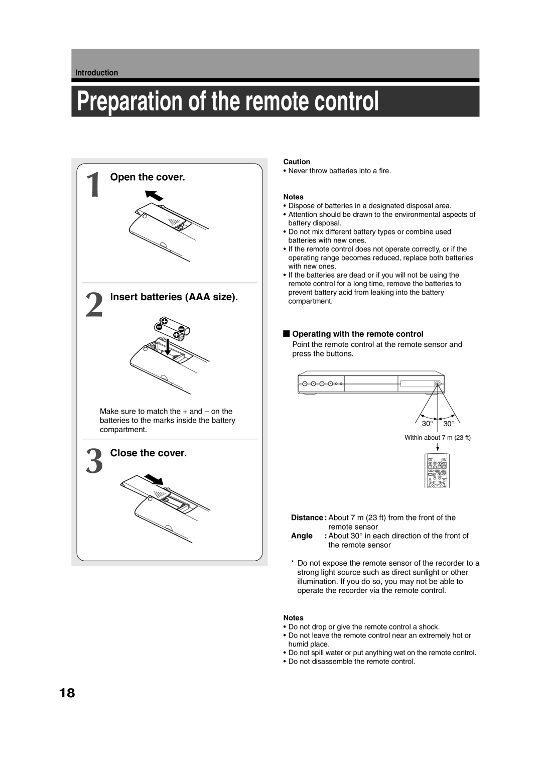 Toshiba RD-XS35SU, RD-XS35SC Preparation of the remote control, Open the cover Insert batteries AAA size, Close the cover 