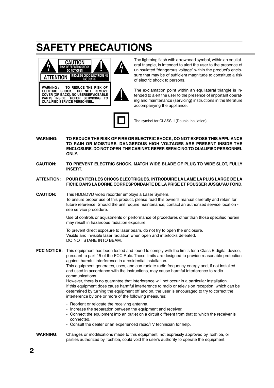 Toshiba RD-XS35SU, RD-XS35SC owner manual This HDD/DVD video recorder employs a Laser System, See service procedure 