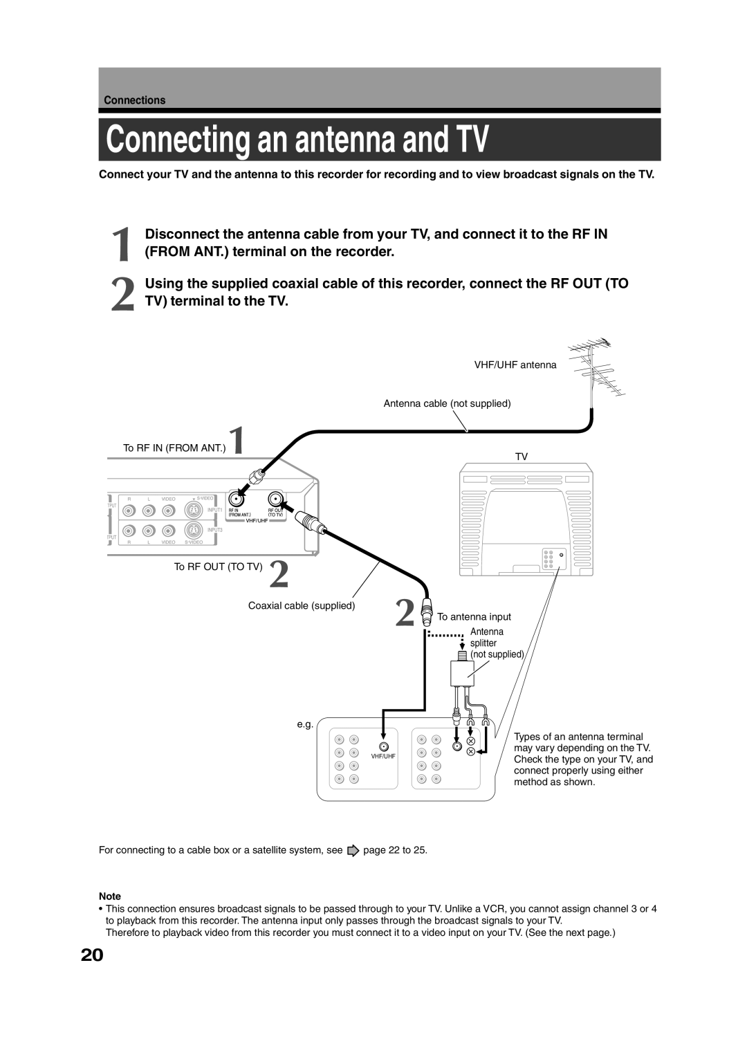 Toshiba RD-XS35SU, RD-XS35SC owner manual Connecting an antenna and TV, Connections 