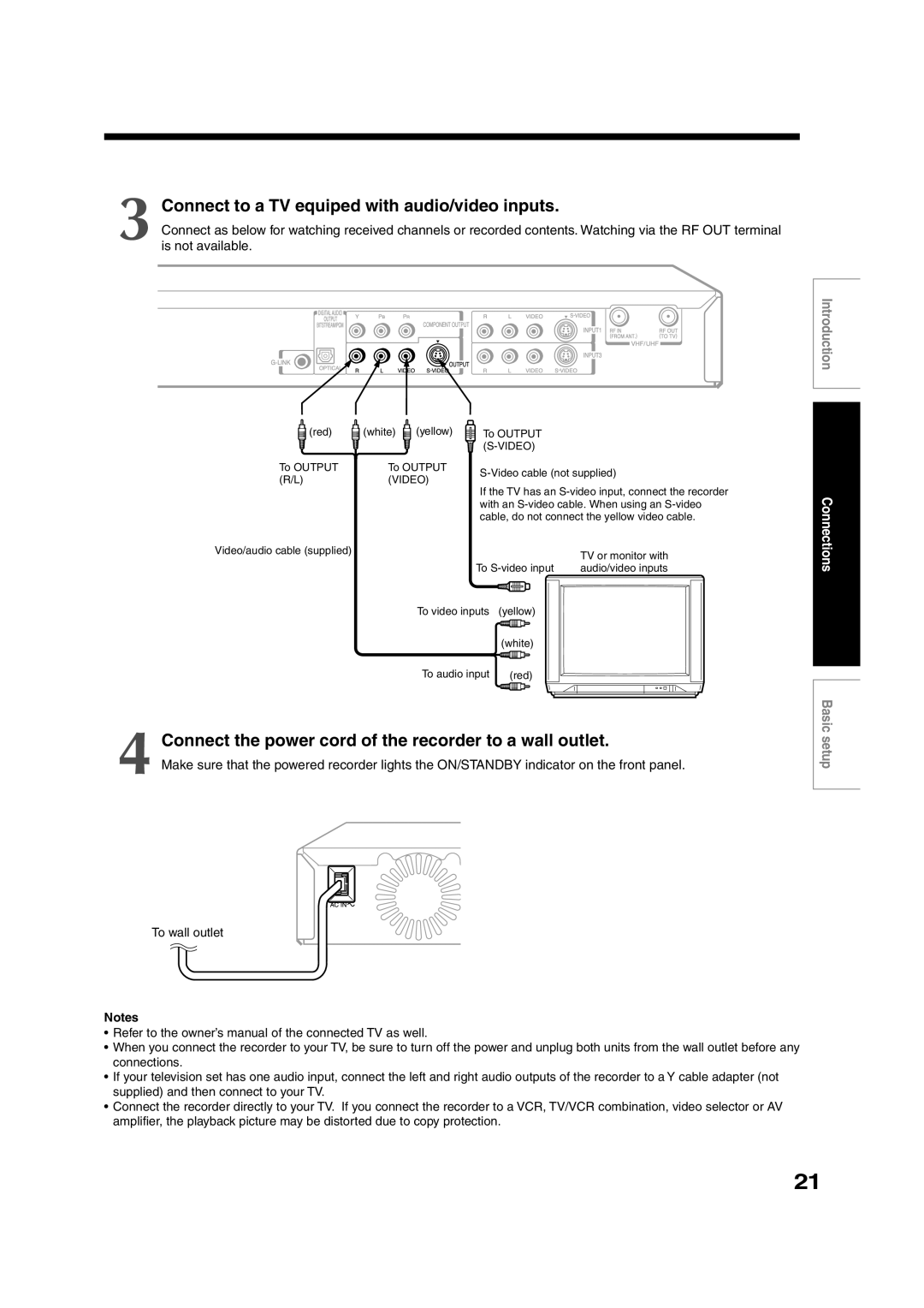 Toshiba RD-XS35SC Connect to a TV equiped with audio/video inputs, Connect the power cord of the recorder to a wall outlet 