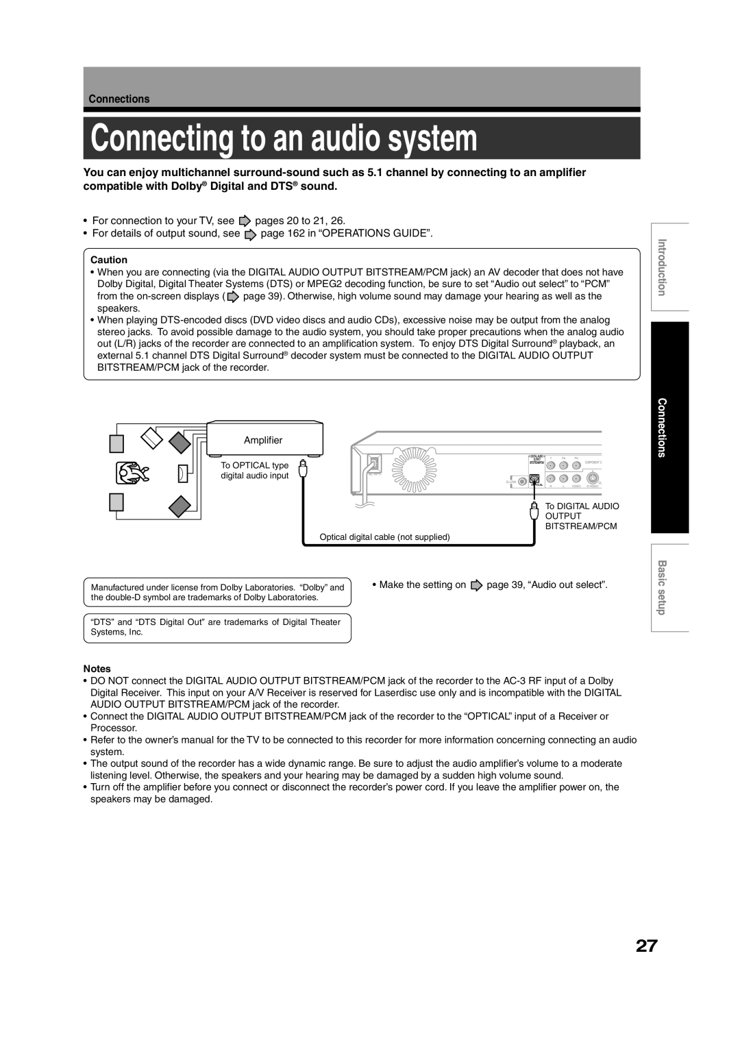 Toshiba RD-XS35SC, RD-XS35SU owner manual Connecting to an audio system, Make the setting on 