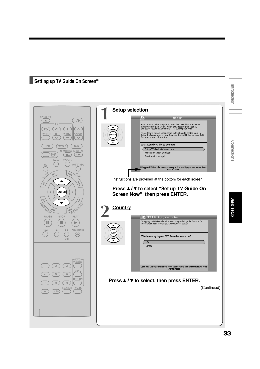 Toshiba RD-XS35SC, RD-XS35SU owner manual Setup selection, Country, Press / to select, then press Enter 