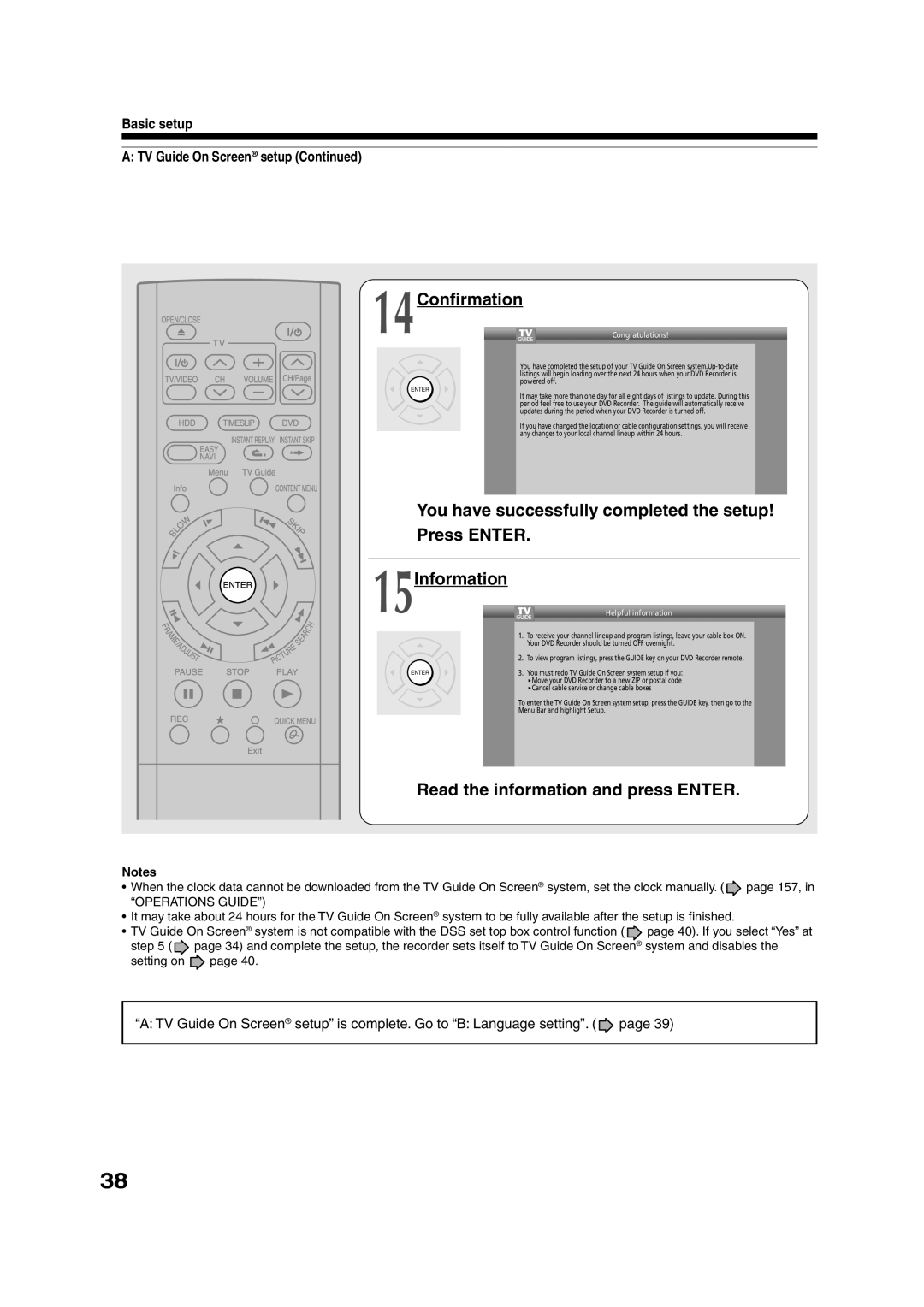 Toshiba RD-XS35SU, RD-XS35SC owner manual 14Confirmation, 15Information, Read the information and press Enter 