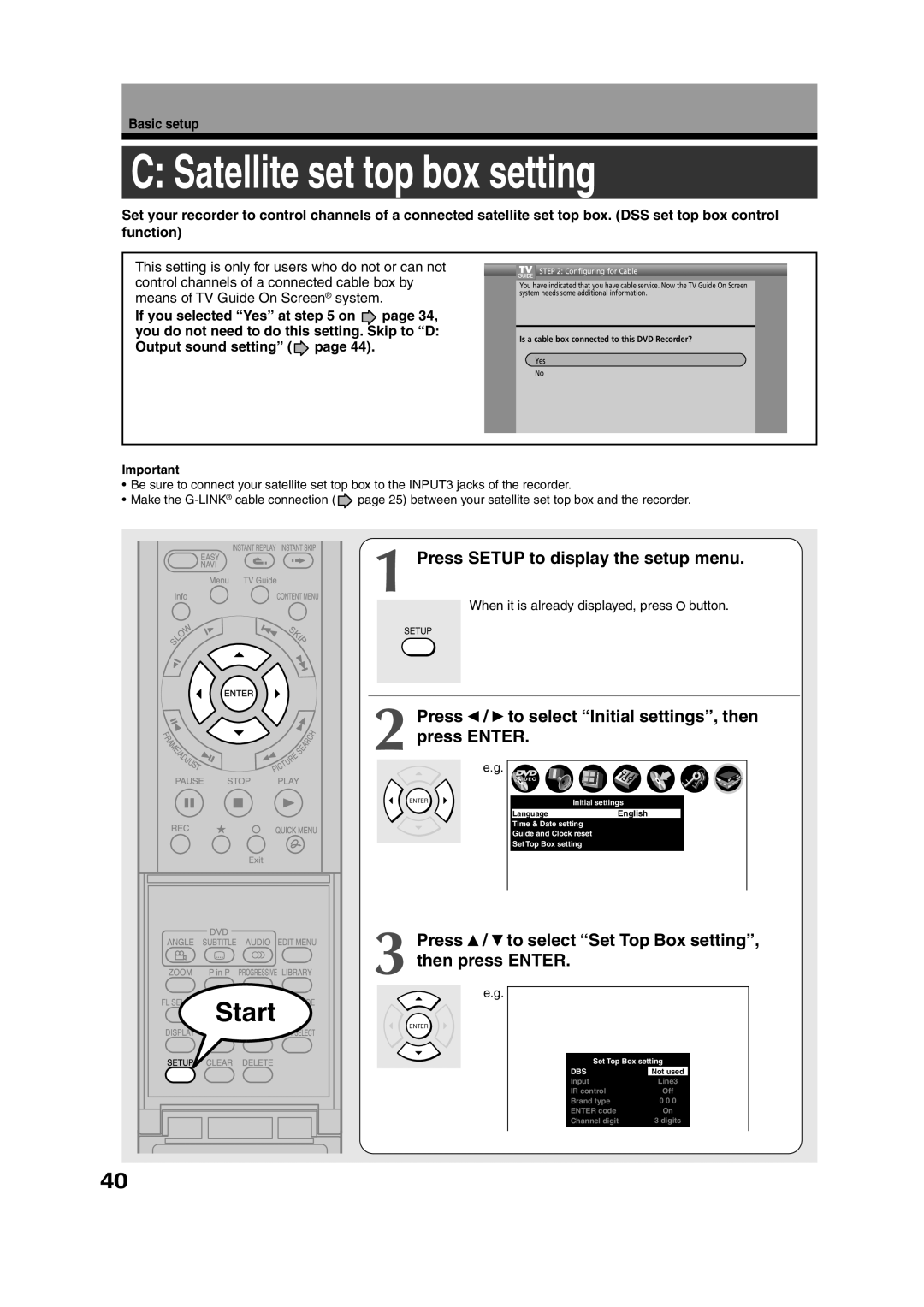 Toshiba RD-XS35SU, RD-XS35SC owner manual Satellite set top box setting, Press Setup to display the setup menu 