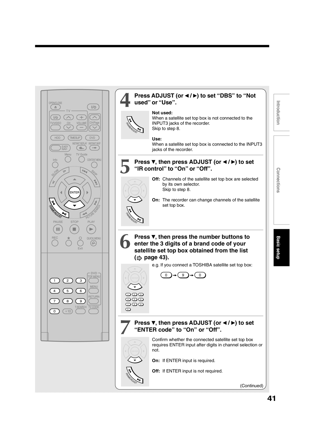 Toshiba RD-XS35SC, RD-XS35SU owner manual Press Adjust or / to set DBS to Not used or Use 