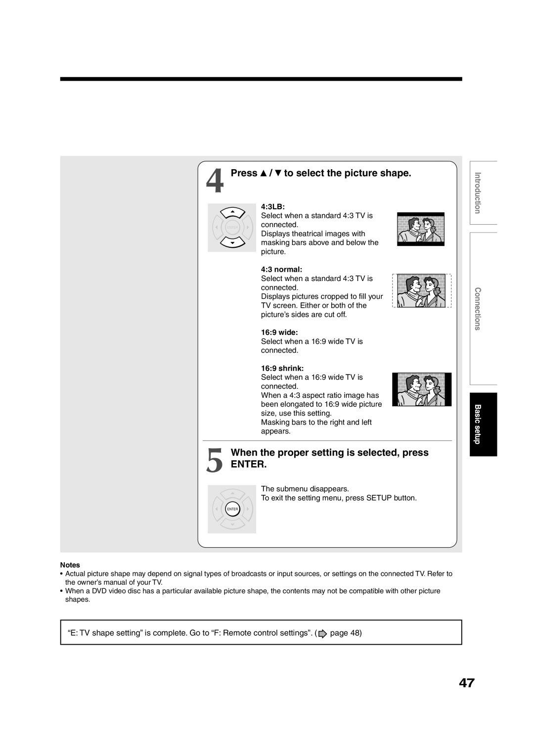 Toshiba RD-XS35SC, RD-XS35SU owner manual Press / to select the picture shape, When the proper setting is selected, press 