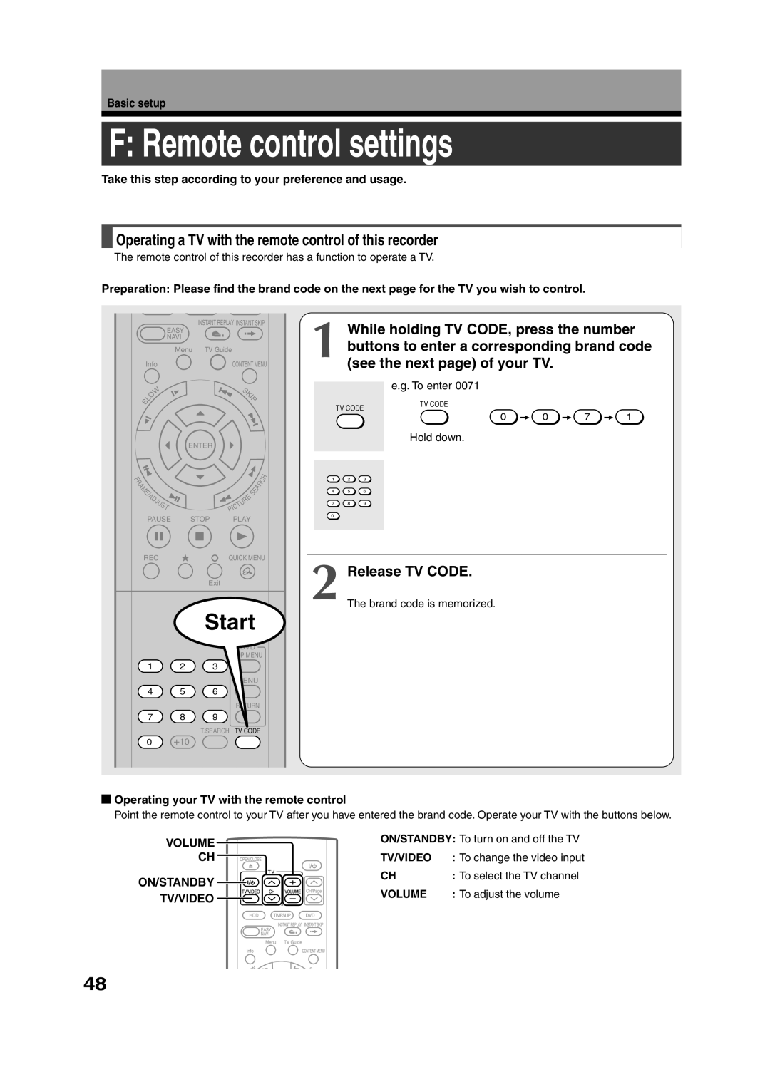 Toshiba RD-XS35SU Remote control settings, Release TV Code, Take this step according to your preference and usage 