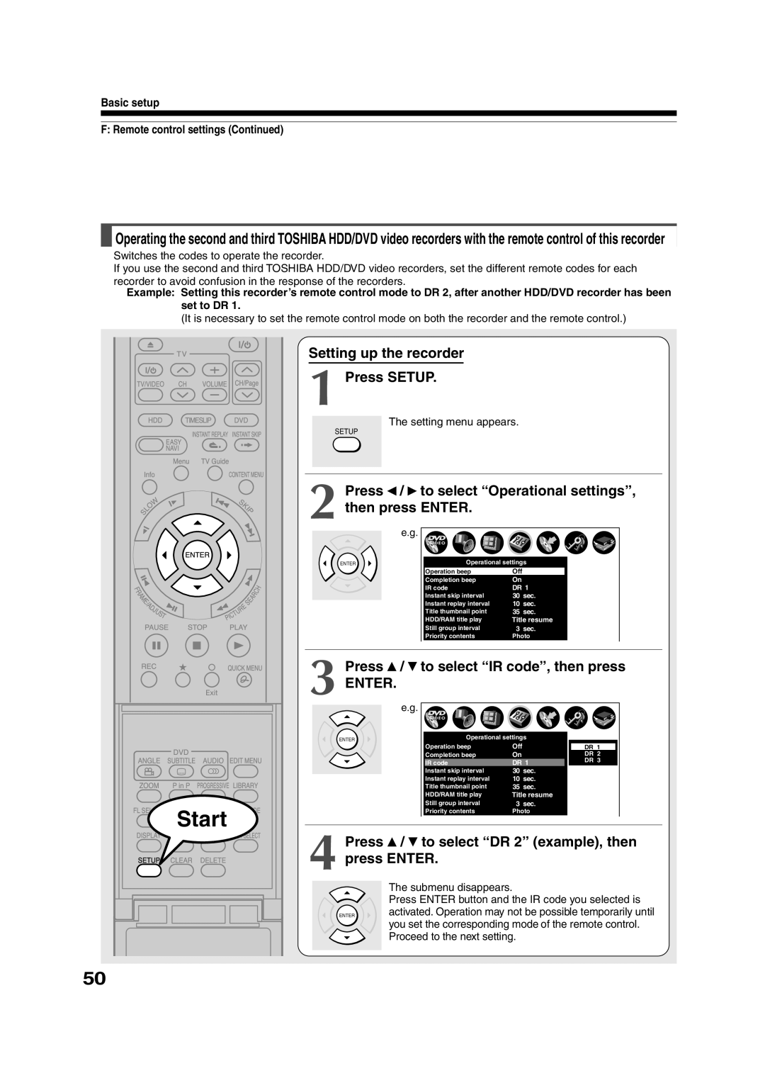 Toshiba RD-XS35SU, RD-XS35SC Setting up the recorder Press Setup, Press / to select Operational settings, then press Enter 