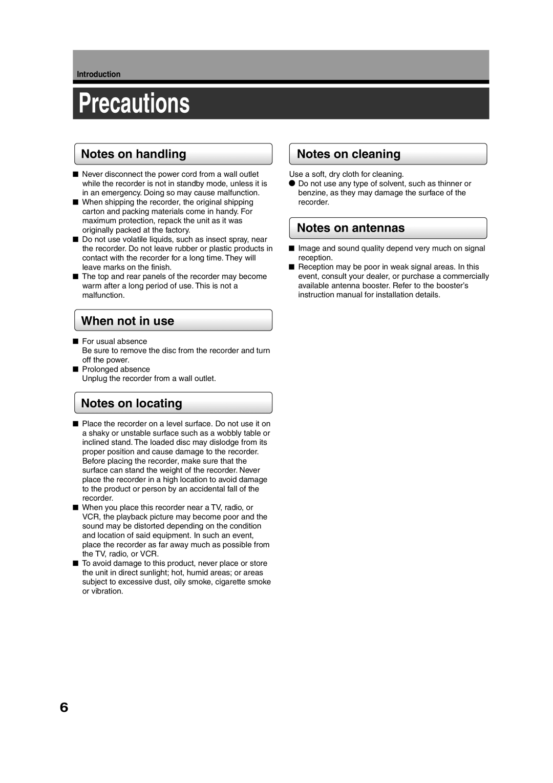 Toshiba RD-XS35SU, RD-XS35SC owner manual Precautions, When not in use, Introduction 