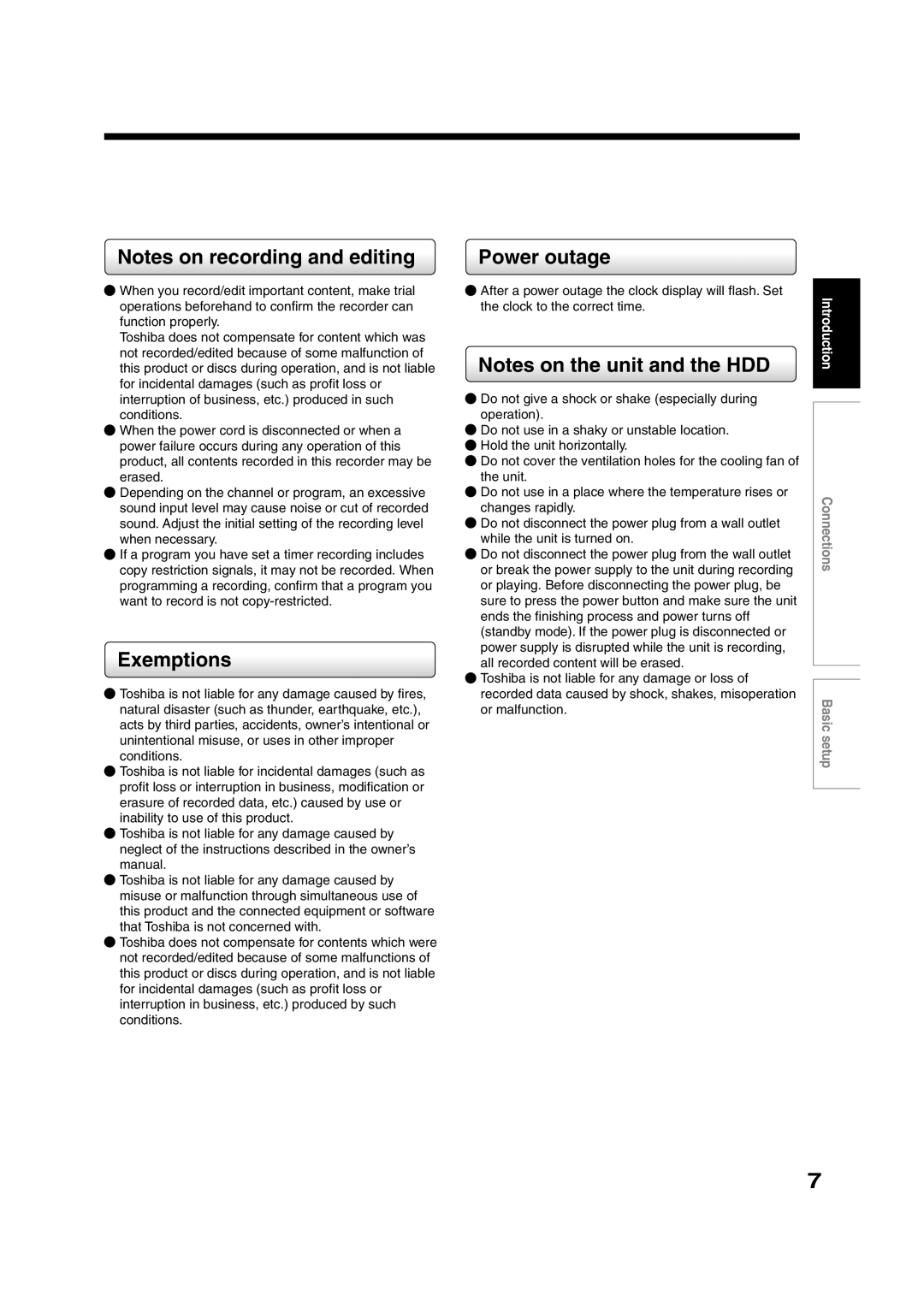 Toshiba RD-XS35SC, RD-XS35SU owner manual Exemptions, Power outage 