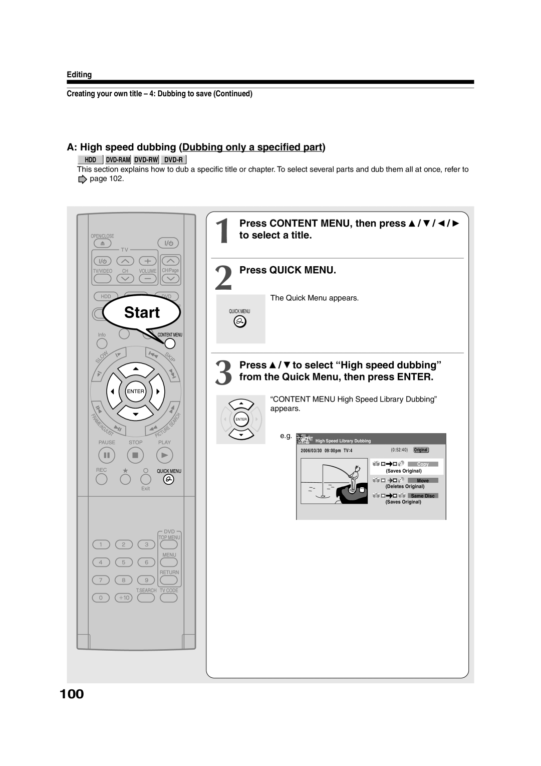 Toshiba RD-XS35SU owner manual 100, High speed dubbing Dubbing only a specified part, To select a title Press Quick Menu 