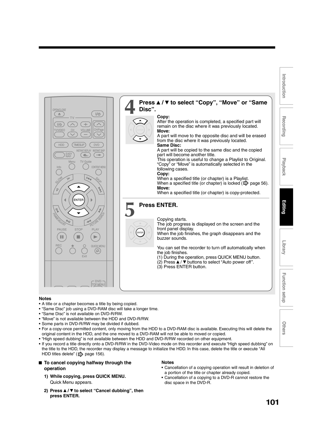 Toshiba RD-XS35SU 101, Press To select Copy, Move or Same Disc. Copy, To cancel copying halfway through the operation 