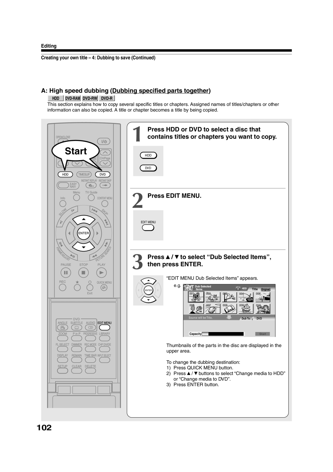 Toshiba RD-XS35SU 102, High speed dubbing Dubbing specified parts together, Edit Menu Dub Selected Items appears 