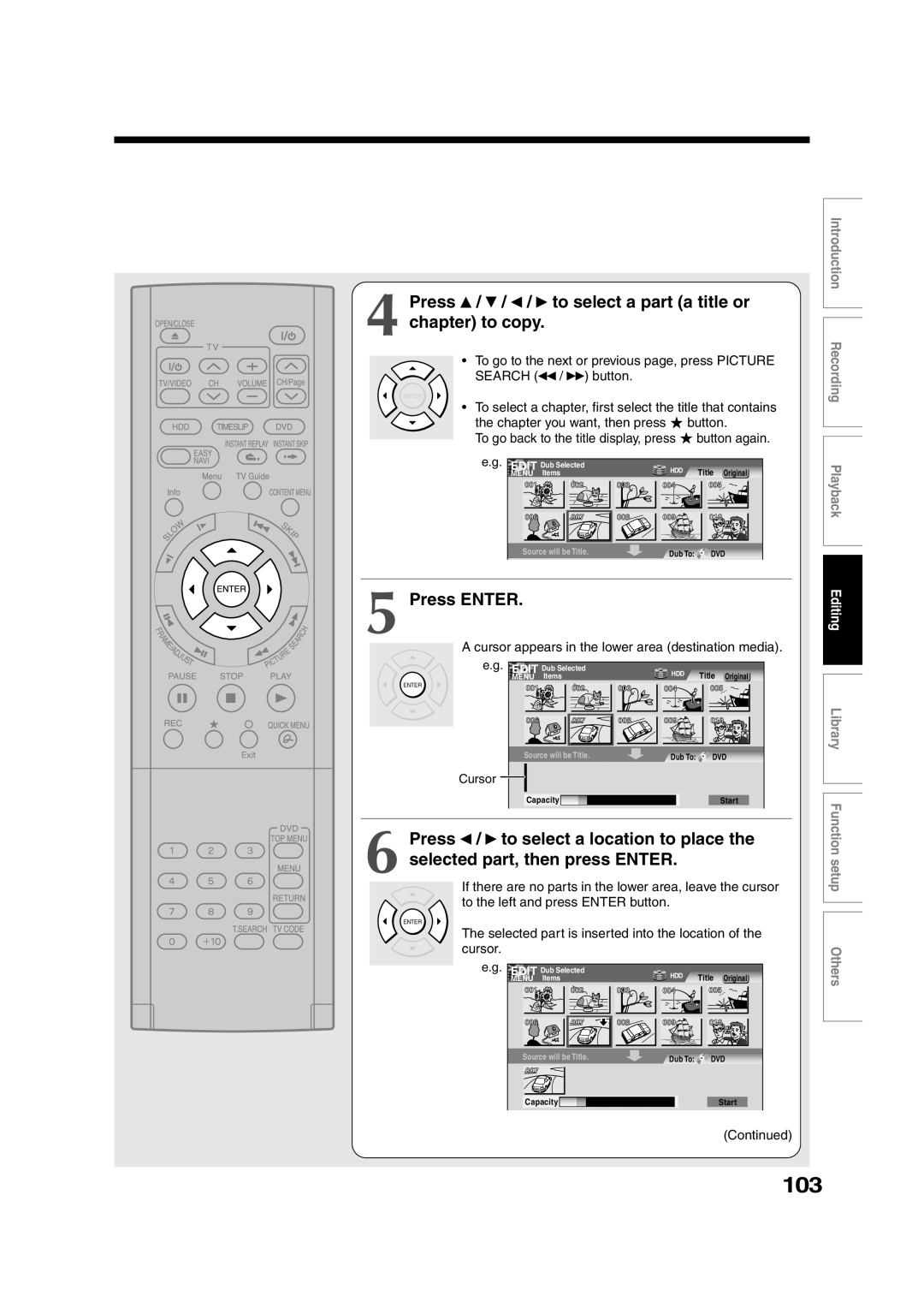 Toshiba RD-XS35SU owner manual 103, Press / / / to select a part a title or chapter to copy, Cursor 