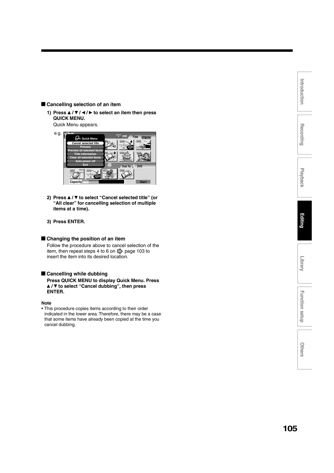 Toshiba RD-XS35SU 105, Cancelling selection of an item, Changing the position of an item, Cancelling while dubbing 