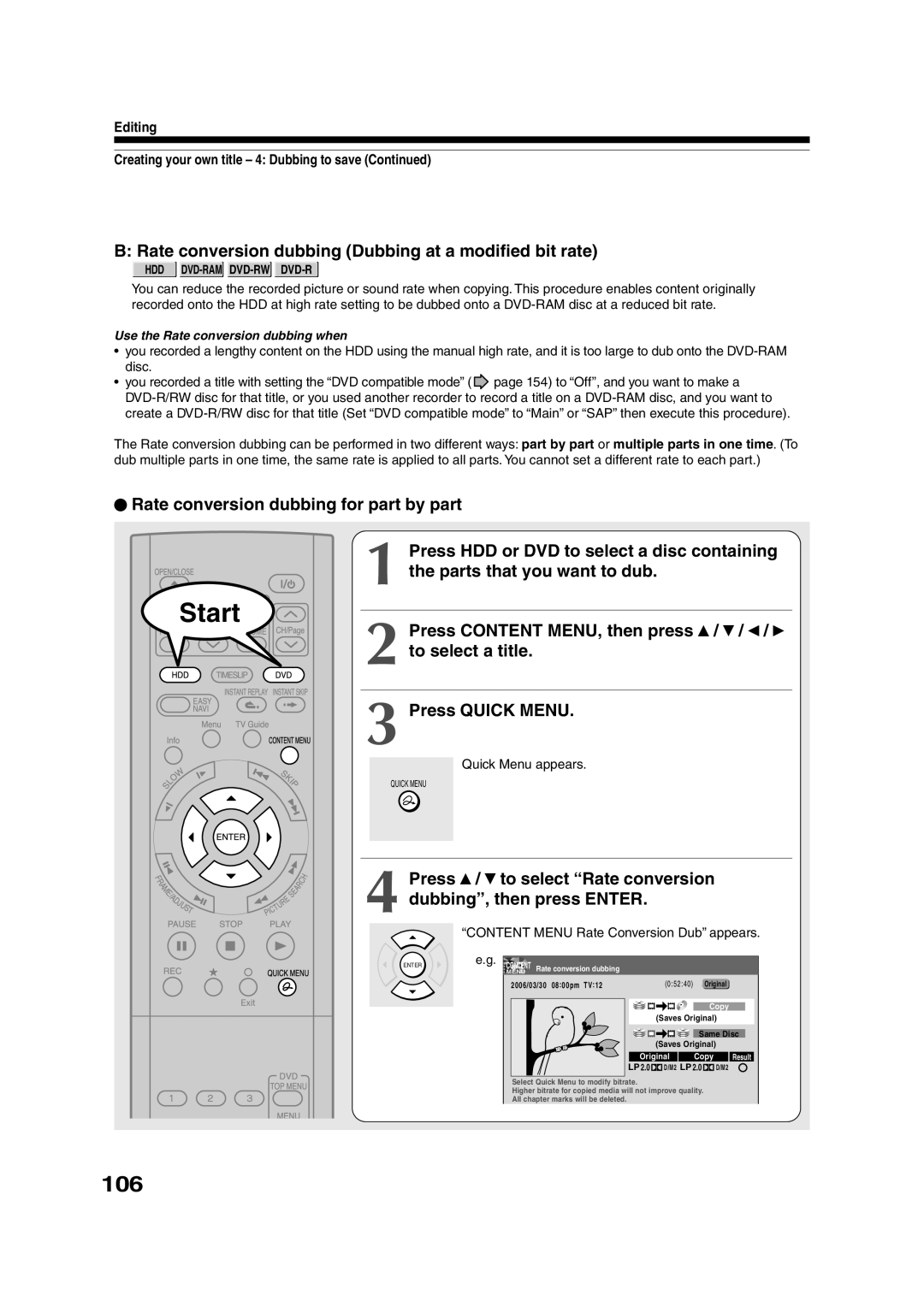 Toshiba RD-XS35SU owner manual 106, Rate conversion dubbing Dubbing at a modified bit rate, Parts that you want to dub 