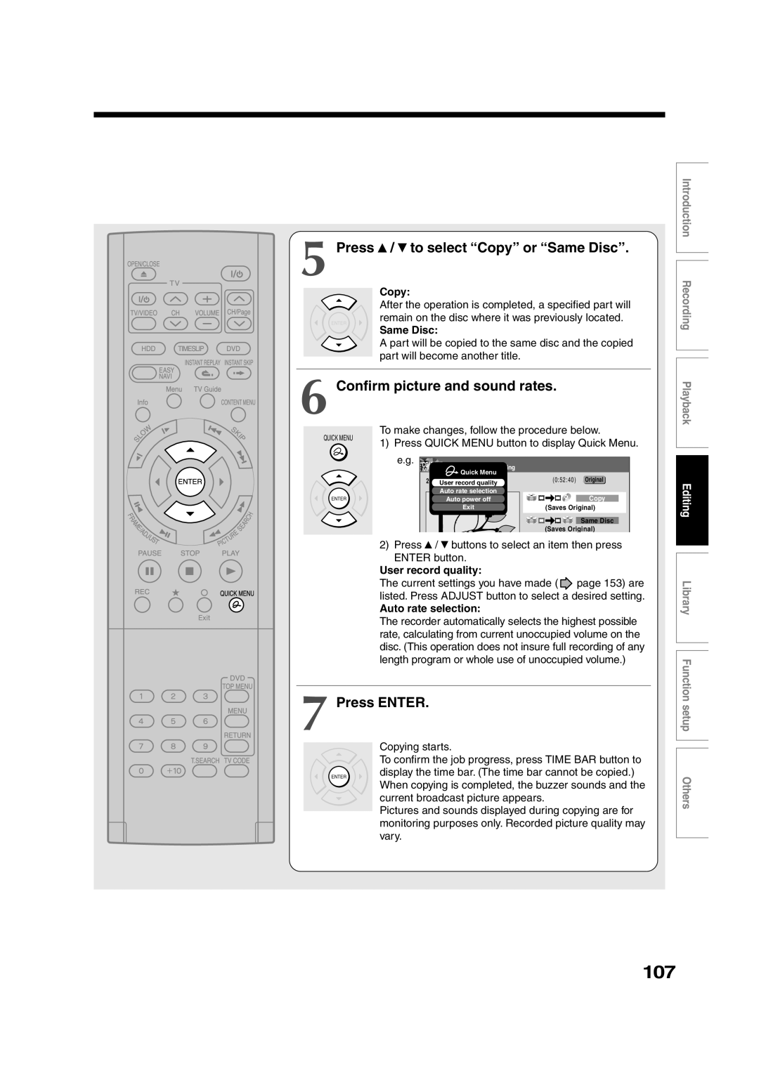 Toshiba RD-XS35SU 107, Press / to select Copy or Same Disc, Confirm picture and sound rates, User record quality 