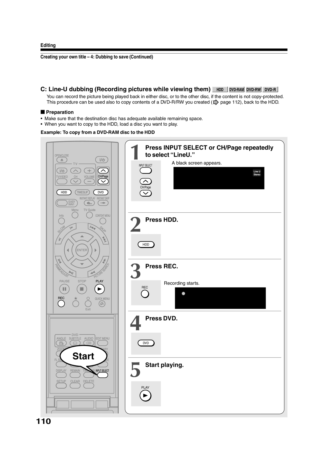 Toshiba RD-XS35SU owner manual 110, Press Input Select or CH/Page repeatedly to select LineU, Press HDD, Start playing 