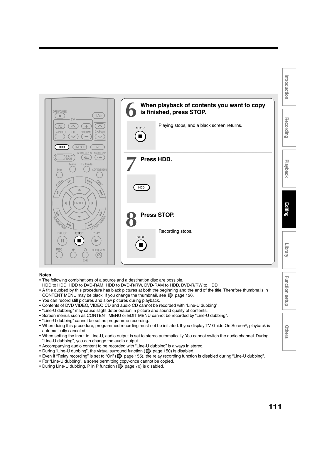 Toshiba RD-XS35SU owner manual 111, Press Stop, Playing stops, and a black screen returns, Recording stops 