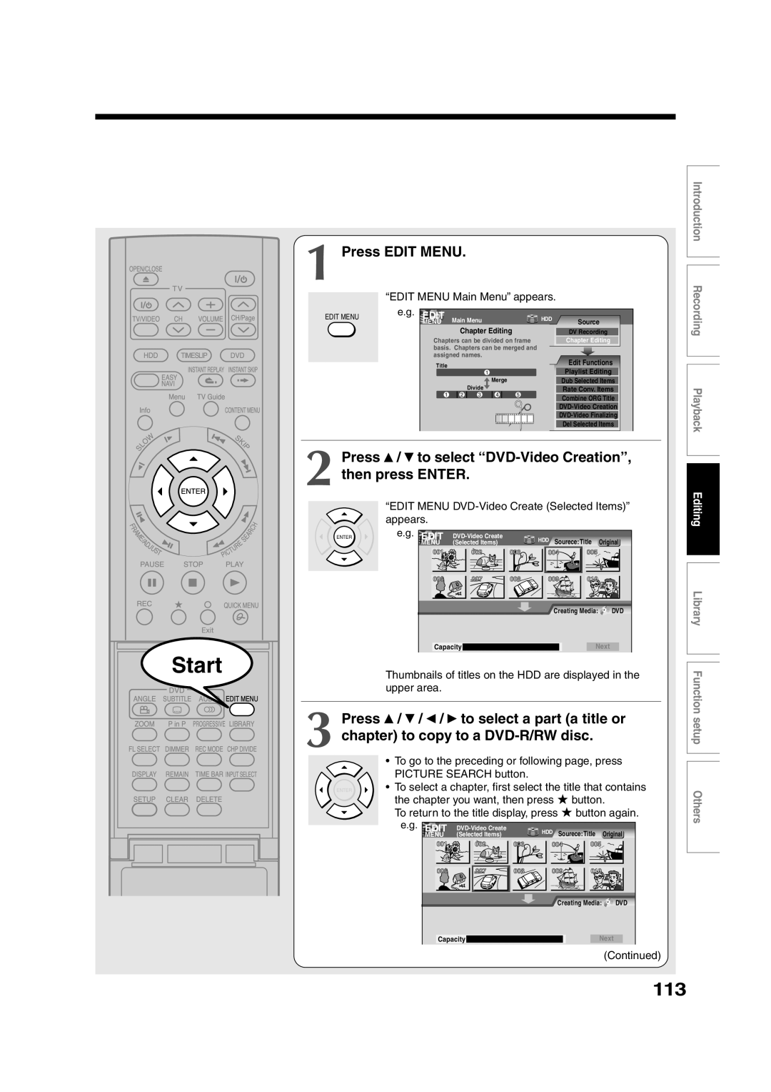 Toshiba RD-XS35SU owner manual 113, Press To select DVD-Video Creation Then press Enter 